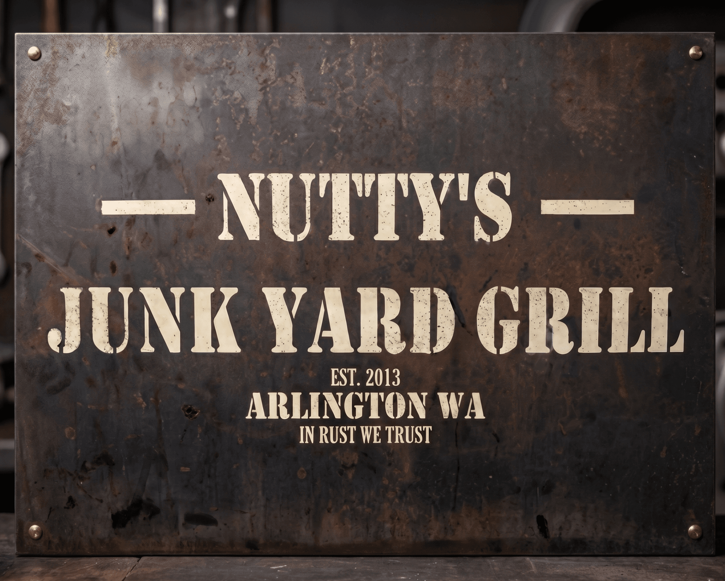 Nutty's Junkyard Grill — rusty signage, est. 2013, Arlington WA, In Rust We Trust